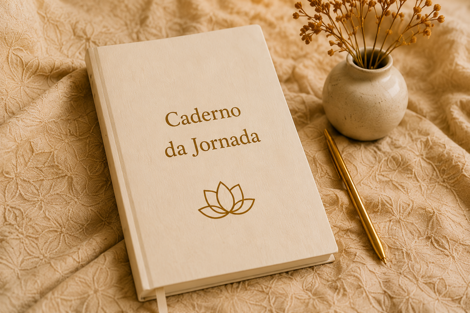 Caderno da Jornada sobre tecido bege com caneta dourada.