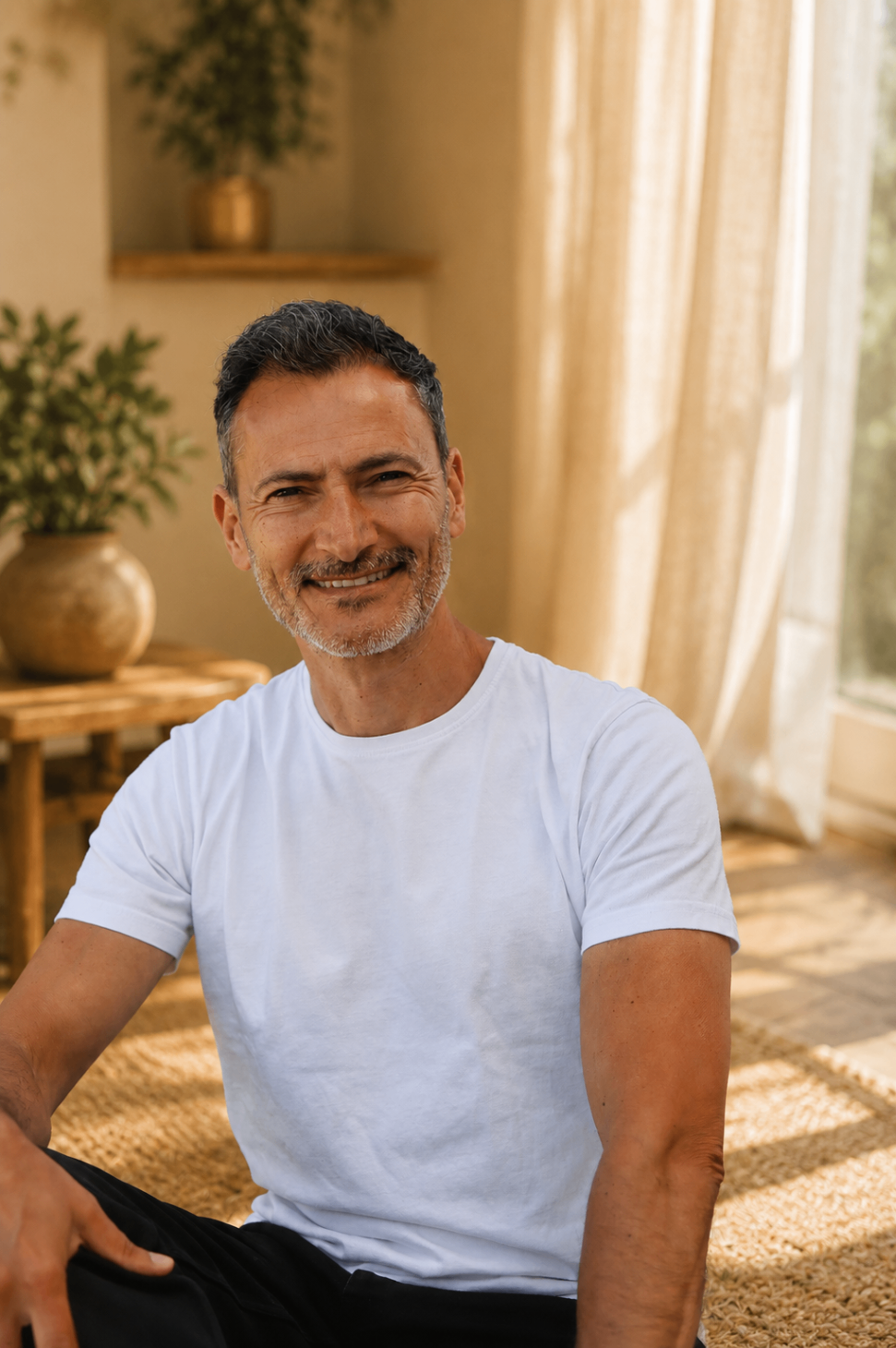 Luís Spínola sentado, sorrindo, num ambiente interior bege e dourado.
